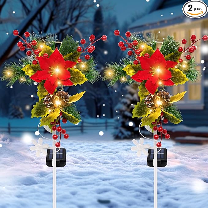 2 Pack Solar Christmas Decorations Outdoor 32 Inch Solar Christmas Cross Stake Lights Waterproof Grave Decorations with Poinsettia Flower Pinecones Red Berries for Garden Yard Patio Lawn Cemetery