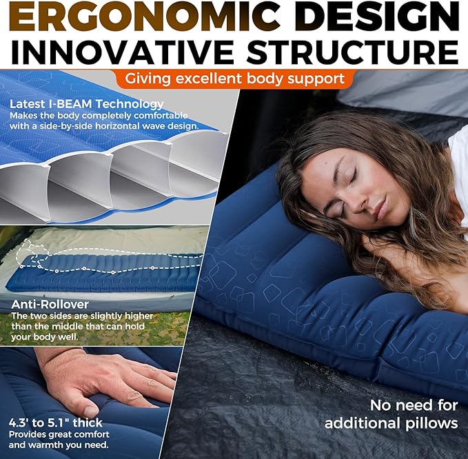 KingCamp Sleeping Pad for Camping Ultralight Connectable Inflatable Sleeping Pad Camping Mattress with 6.3 Built-in Pillow &amp Foot Pump for Backpacking Hiking Tent Cot
