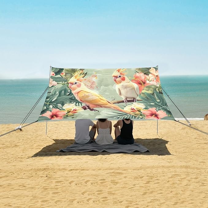 Cockatiels with Flowers Beach Tent Sun Shelter 9.2' x 10.5' Beach Canopy with 4 Sandbags 4 Stability Poles Sand Shovels - Tent Canopy for Beach Camping Fishing Picnics