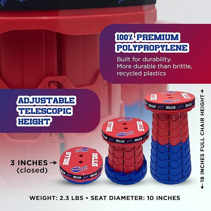 Sporticulture NFL Buffalo Bills Telescoping Collapsible Stool 500lbs Max Weight Portable Adjustable Height Folding Camping Stool with Carry Strap Retractable Stadium Have A Seat Outdoor Sports Fan