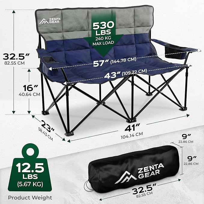 Oversized Fully Padded Double Camping Chair Portable Folding Loveseat w/Side &amp Back Pockets Adjustable Armrests Double-Sized Cup Holders for Outdoor Indoor Supports 530LBS (Dark Navy)