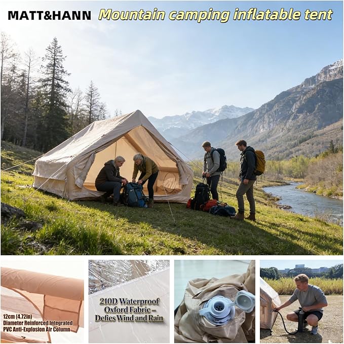 Quick Setup Inflatable Tent with Skylight for 4-6 Person Waterproof Oxford Air Glamping Tents Breathable Mosquito-Proof Screens