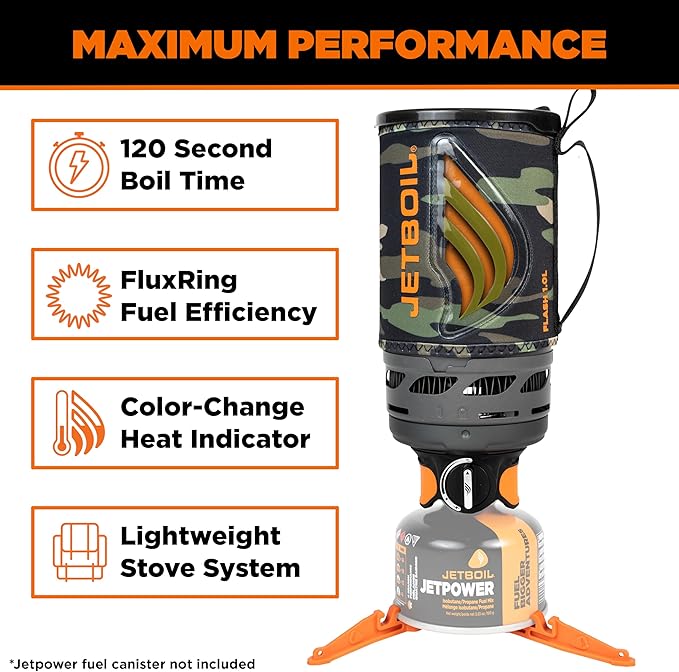 Jetboil Flash Portable Fast Boil Stove for Camping and Backpacking with 1-Step Auto Ignition Propane/Isobutane Burner with Cooking Cup