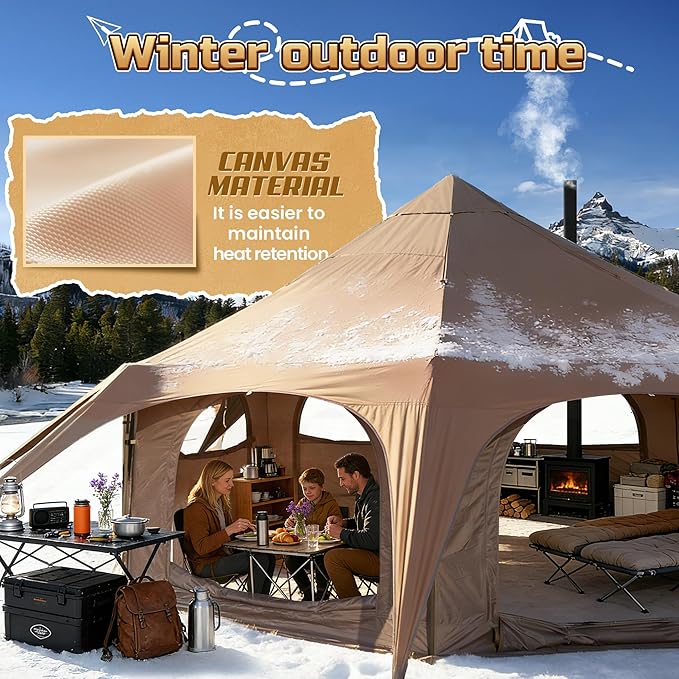 16.5ft Canvas Bell Tent Large Yurt Tent with Stove Jack for Camping &amp Glamping 55 High Walls Maximum Space Waterproof 4 Season Hot Tent with 8 Mesh Windows &amp Removable Floor