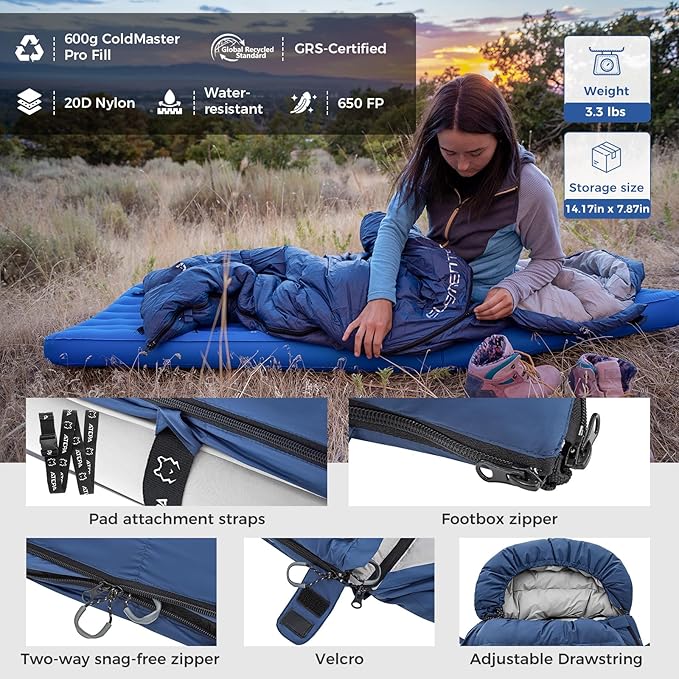 ATEPA 3-in-1 Hybrid Down Sleeping Bag for Adults Lightweight 3 Season Wearable Backpacking Sleeping Bag with Pad Attachment &amp Compact Compression Sack for Spring Summer Fall Car Camping 30°F 45°F