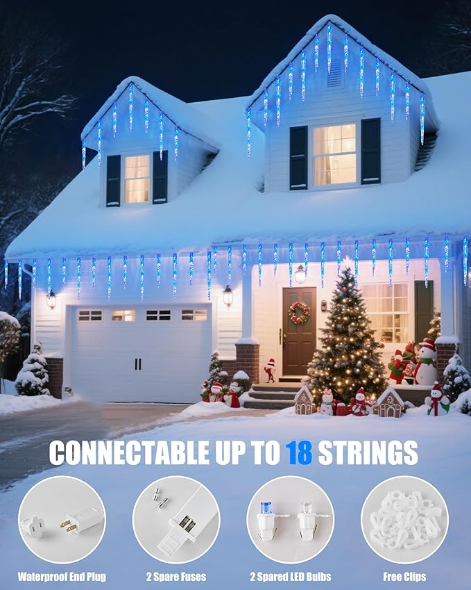 Minetom Icicle Lights Outdoor with Clips 2 Pack Total 40ft 200 LED 40 Tubes Twinkling Connectable Hanging Ice Shape Christmas String Lights Plug in for Eave Holiday Outdoor Blue and White