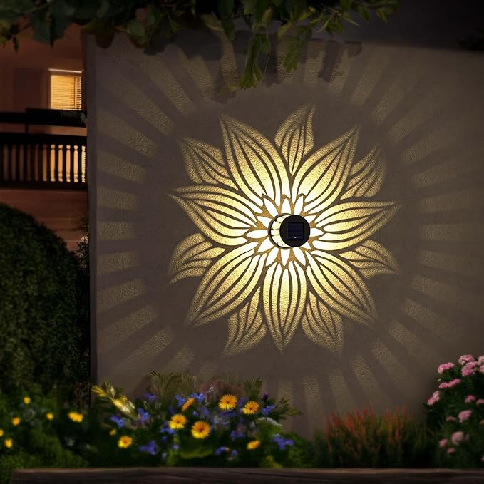 Solar Fence Lights 2 Pack Outdoor Deck Step Wall Lights Metal Waterproof LED Warm Yellow Light for Garden Post Patio Backyard Yard Decor (Flower 2)