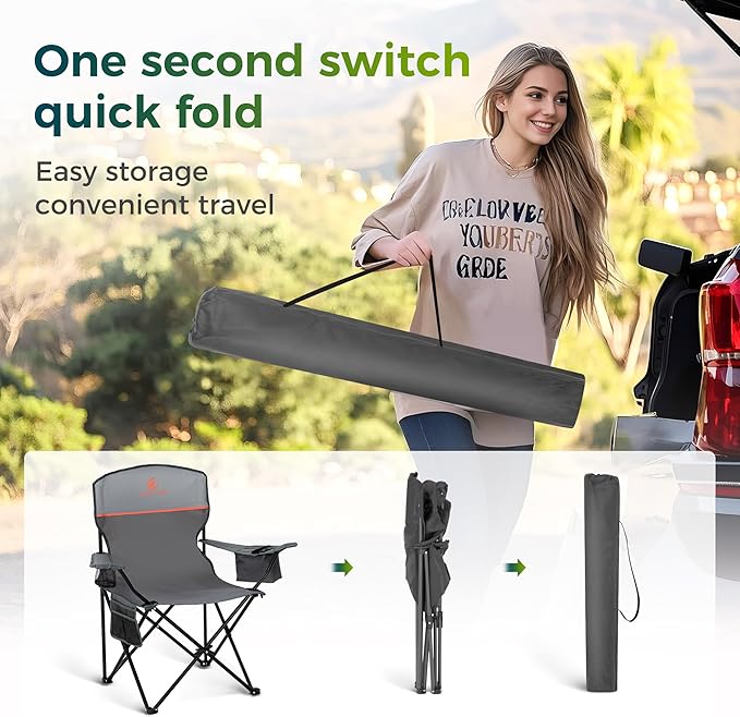ALPHA CAMP Folding Camping Chairs for Adults Lawn Chairs Outdoor Chairs Support 250 LBS Portable Camp Chairs with Cup Holders Cooler Pouch for Outdoor 2 Pack