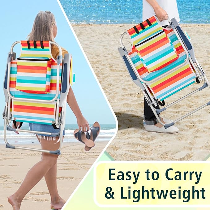 Lightweight Folding Beach Chair with Adjustable Back Cup Holder &amp Storage Pouch for Outdoor Activities