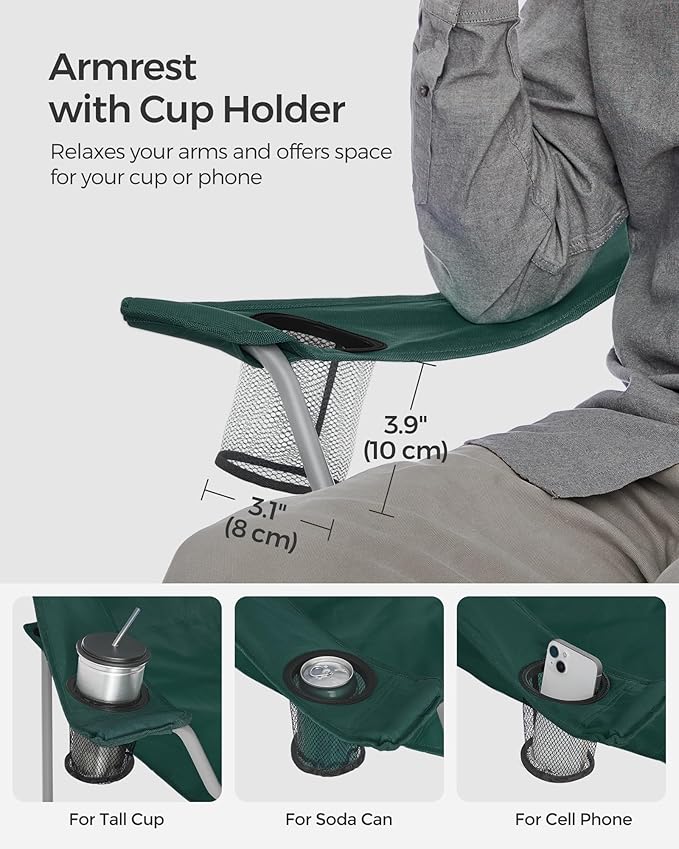 SONGMICS 2 Pack Folding Camping Chairs Load 330 lb Cup Holder and High Backrest Heavy-Duty Structure for Lawn Garden Fishing Terrace Dark Green UGCB08GN