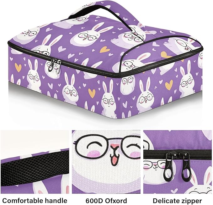 Casserole Carrier Purple Rabbit PatternInsulated Casserole Carrier for Hot or Cold Food Thermal Lunch Tote for Potluck Parties Picnic Beach Fits 9 x 13 Inches Baking Dish