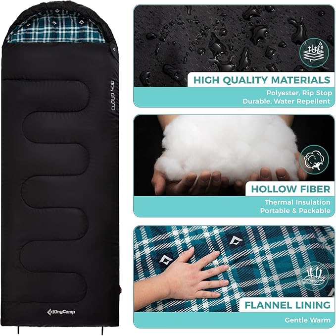 KingCamp Sleeping Bag for Adults Cold Weather &amp Warm XL Big and Tall Flannel Sleeping Bags with Compression Sack Portable Waterproof Essentials Gear Accessories for Outdoor Camping