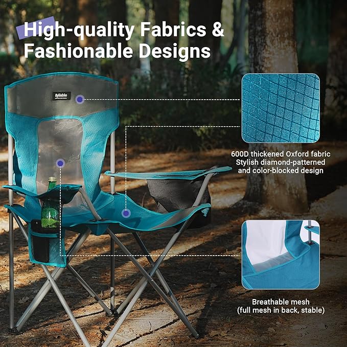 Camping Folding Chair Outdoor Lawn Portable Lightweight Camp Folding Chairs for Adult Outside with Cup Holder Cooler Pouch &amp Side Pocket for Camping Beach Fishing Sports or Tailgating Events