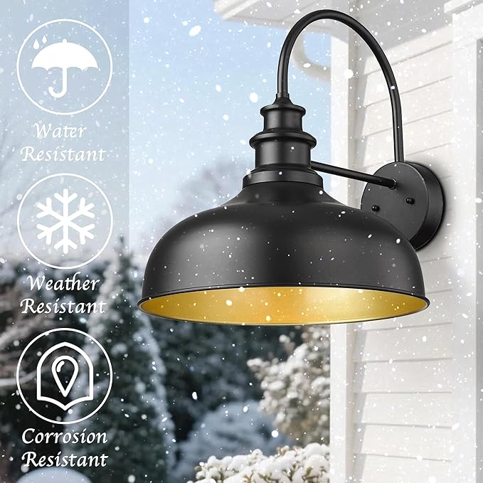 Bestshared Large Farmhouse Barn Lights 16 Inch Dome Outdoor Wall Lighting Fixture Industrial Vintage Sconces Lighting Exterior Mount Light Black Outdoor Wall Lantern for Porch (1Pack Black+ Gold)
