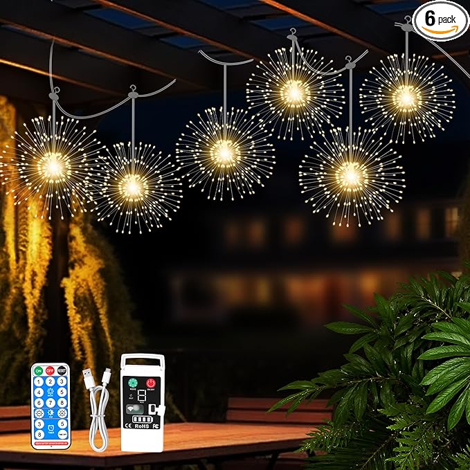 WIND STAR Firework Lights Hanging 1200 LED Rechargeable Starburst Fairy Lights with Remote 8 Modes for Patio Party Birthday Christmas Indoor Bedroom Decoration