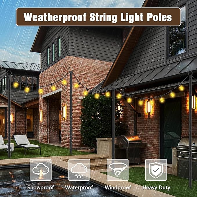 10Ft String Light Poles 6 PackLight Poles for Outside LightsOutdoor with Fence Brackets Hanging LightsMetal Stand Deck Patio Backyard