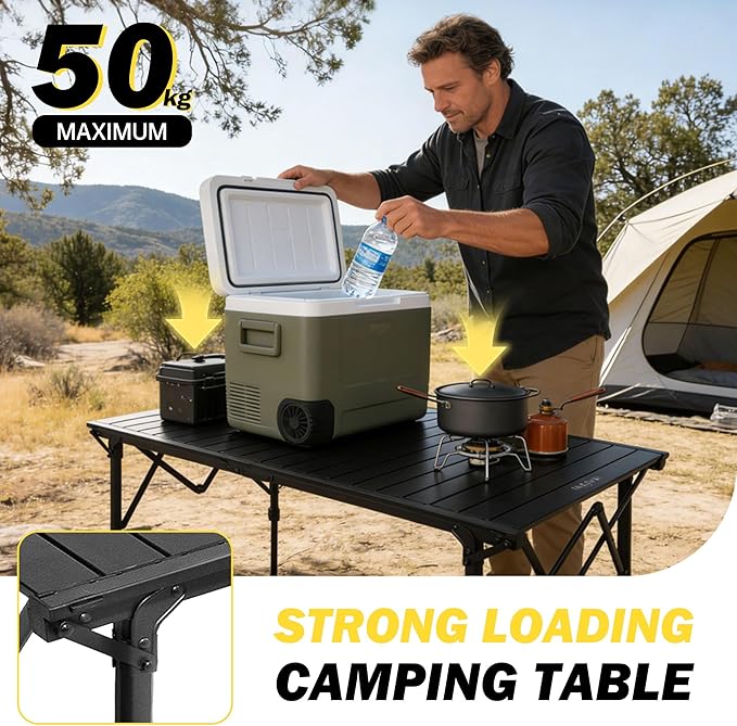 50 Large Folding Camping Table with Adjustable Hight Legs for 2-6 People - Heavy Duty Foldable Camp Table with Roll-Up Aluminum Picnic Table Portable Outdoor Table for CookingBeachBBQParty