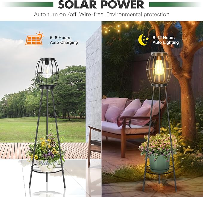 2 Pack Solar Lights Outdoor with Plant Stands Solar Floor Lamp Solar Powered Street Light Metal Tripod Deck Lights Patio Decor for Garden Yard Pathway Driveway Porch