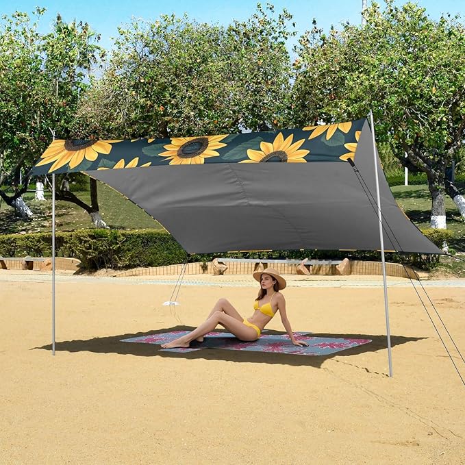 Bolaz Beach Canopy Tent Sun Shade9'×10.5' Large Family Beach Shade UPF50+- Outdoor Shade for Camping Trips FishingYellow Sunflower Flower Pattern