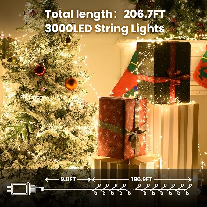 Fairy Lights Plug inDailyart 3000 Led Cluster Lights with Timer 195Ft Waterproof Warm Twinkle String Light with Remote for Bedroom Wreath Garland Window Wedding Christmas Tree DecorationSliver Wire