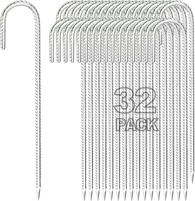 Kadrick Rebar Stakes 12 inchJ Hook Ground Stakes Anchors 32-Pack White Galvanized Fence StakesHeavy Duty 5/16'' Diameter