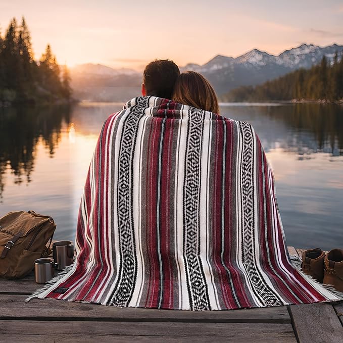 Mexican Blanket (Authentic Handmade Falsa) - Durable Lightweight Baja Indian Blanket for Yoga Beach Camping Picnic Car/Truck Outdoor Mexican Throw Baja Saddle Blanket 70x50 Cherry