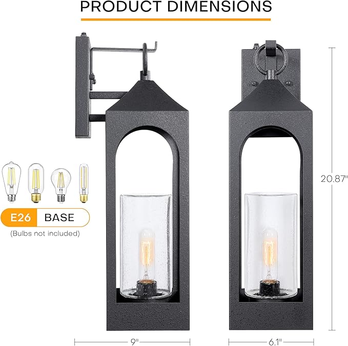 LamQee 20 Inch Dusk to Dawn Outdoor Wall Lights Large Exterior Lighting Fixtures with Seeded Glass Textured Black Modern Outdoor Sconces Wall Mount Lantern for House Porch Patio Garage Front Door