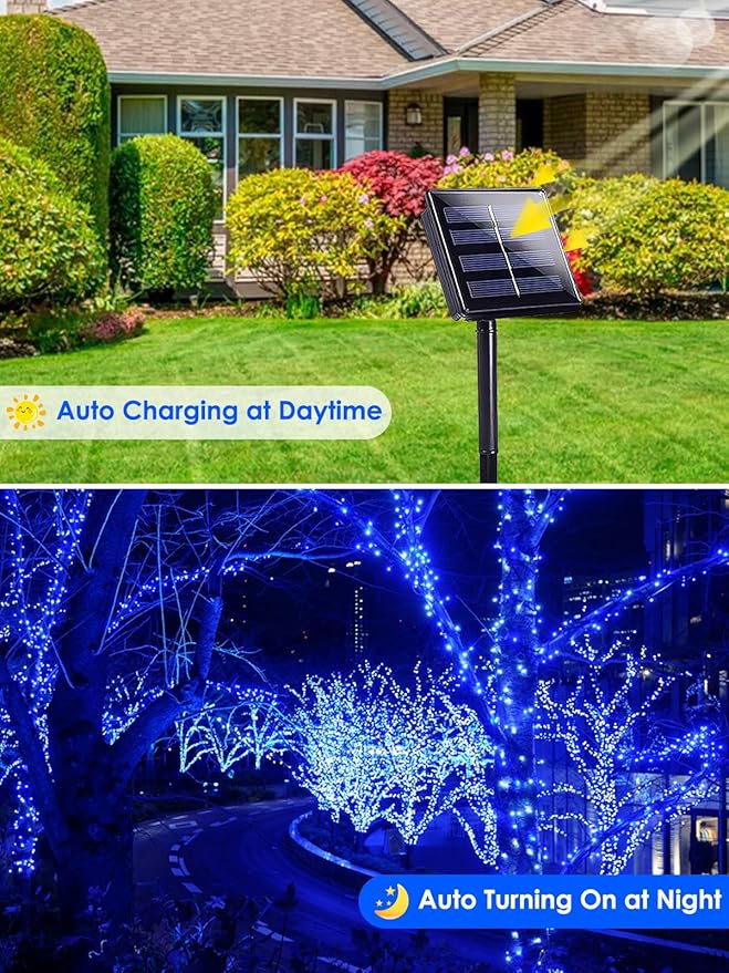 Solar Christmas Lights Outdoor Decorations Waterproof Tatal 4 Pack 400LED 132FT Blue Solar String Lights Green Wire with 8 Modes Christmas Fairy Light for Xmas Tree Party Wedding Yard Garden Decor