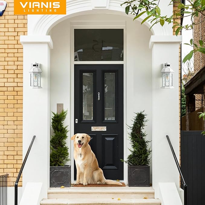 VIANIS White 2-Pack Motion Sensor Porch Lights Outdoor Modern Exterior Lighting Fixtures Wall Mount for House Anti-Rust Waterproof Outdoor Sconce Lights with Water Ripple Glass Front Door Light