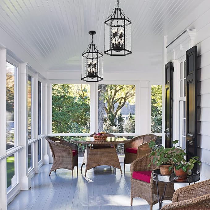 14 Modern 8-Light Exterior Black Lantern Pendant Light Fixture with Clear Rippled Glass Mini Industrial Hanging Cage Chandelier for Outdoor Kitchen Dining Room Hallway Entryway Foyer Porch