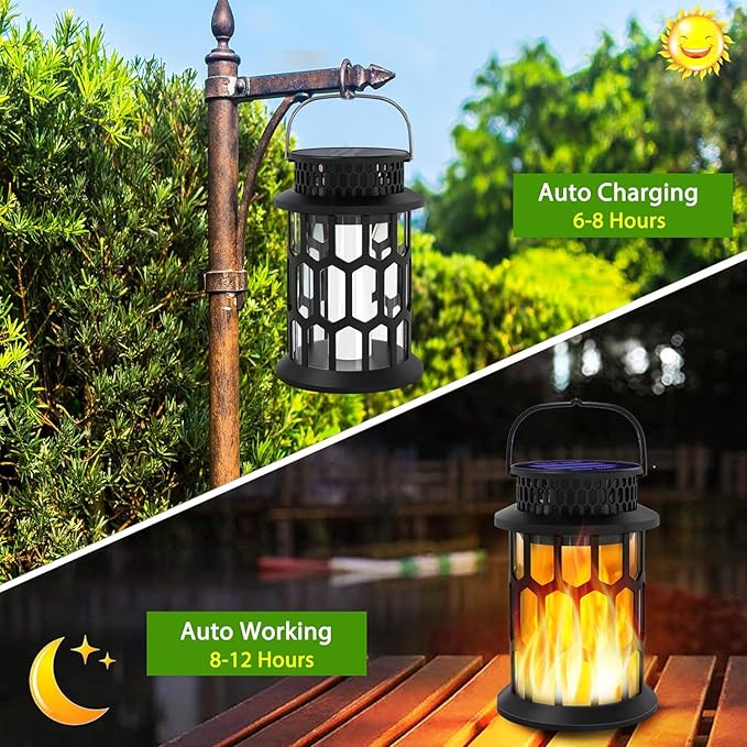 Sola Lanterns Outdoor Waterproof Flickering Flame Hanging Solar Lanterns Solar Powered Wireless Lantern Decorative Lighting for Halloween PartyPatioGardenYardPathway