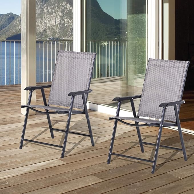 Set of 2 Patio Folding Chairs Stackable Outdoor Sling Patio Dining Chairs with Armrests for Lawn Camping Dining Beach Metal Frame No Assembly Gray