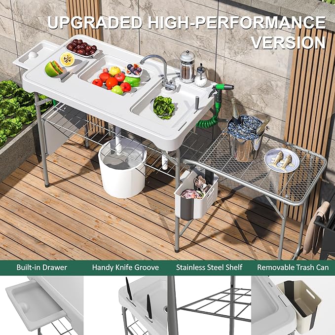 42.5 Fish Cleaning Table with Dual Sink Portable Folding Camping Table with Foldable Extension Stand Faucet Sprayer Grid Rack Hose Hook Up &amp Knife Groove Outdoor Sink Station for Picnic