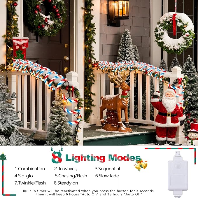 Toodour Christmas Candy Cane Lights 50ft 360 LED Candy Cane Rope Lights Outdoor with 8 Modes Connectable Timer Waterproof Red White Blue Christmas Light for Garden Patio Bedroom Party Xmas Decor