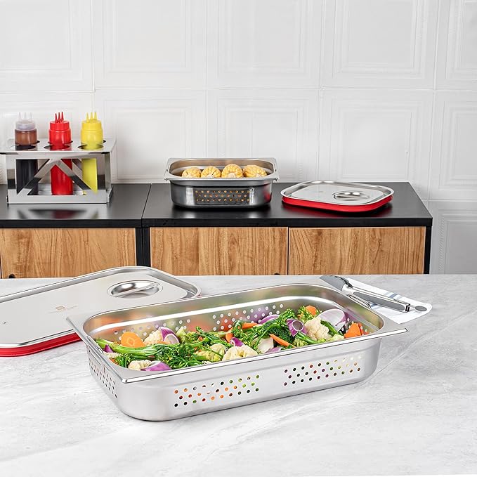 Restaurantware Perforated Steam Table Pan - Full Size - 4 Deep - Collapsible Handles - Anti Jam - Commercial Grade Stainless Steel - 1ct Box - Met Lux
