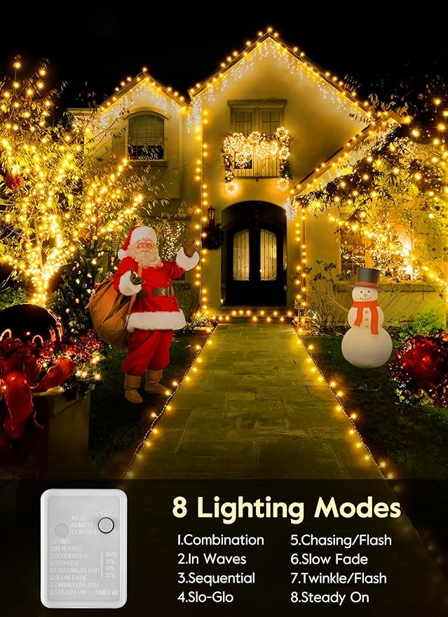 Minetom Christmas Lights 128ft 400 LED Outdoor Christmas Tree Lights with Remote 8 Modes String Lights Plug-in Mini Xmas Tree Lights with Timer for Outside Party Decor Warm White