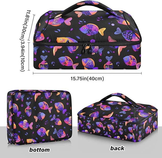 Casserole Carrier Colorful Cute FishInsulated Casserole Carrier for Hot or Cold Food Thermal Lunch Tote for Potluck Parties Picnic Beach Fits 9 x 13 Inches Baking Dish