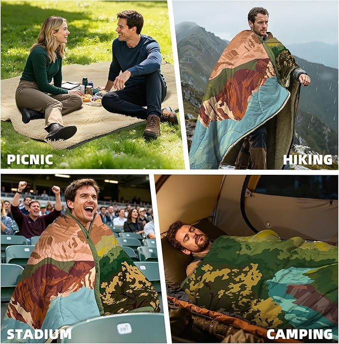 Outdoor Camping Blanket with Sherpa Lining Extra Warm Thick Camp Blankets and Puffy Ultralight Soft Poncho DWR Camping Quilt for Cold Weather Adventure Sleeping Backpacking 78x 56