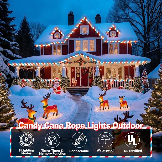 Toodour Christmas Candy Cane Lights 50ft 360 LED Candy Cane Rope Lights Outdoor with 8 Modes Connectable Timer Waterproof Red White Blue Christmas Light for Garden Patio Bedroom Party Xmas Decor