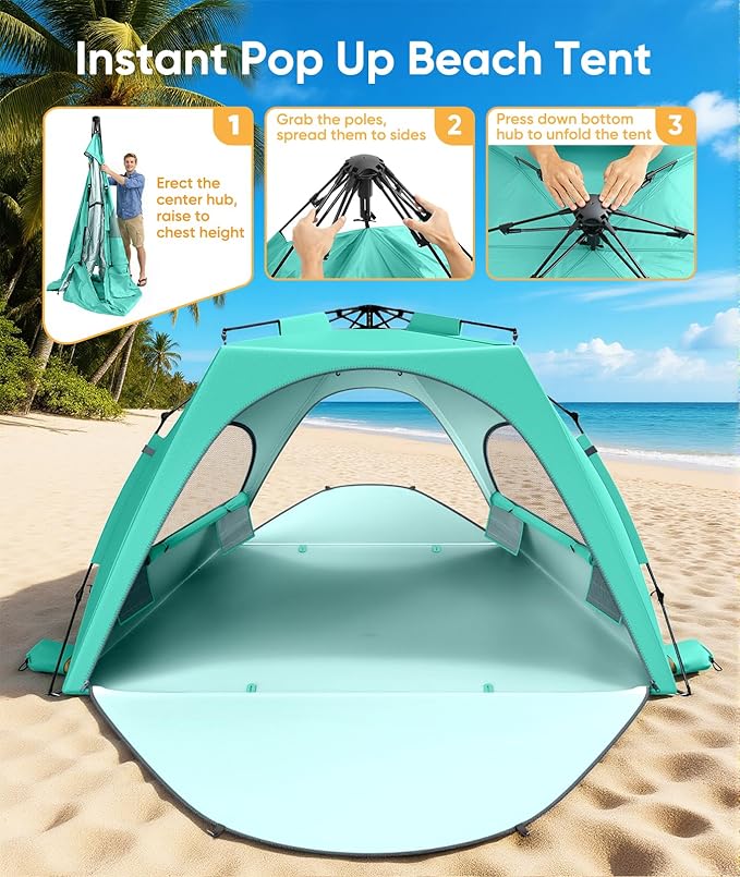 Beach Tent Sun Shelter for 5-6 Person Pop Up Beach Canopy UPF 30+ UV Protection Breathable Mesh Window Portable Sun Shade Tent with Carrying Bag for Sands &amp Outdoor Mint Green Size XL