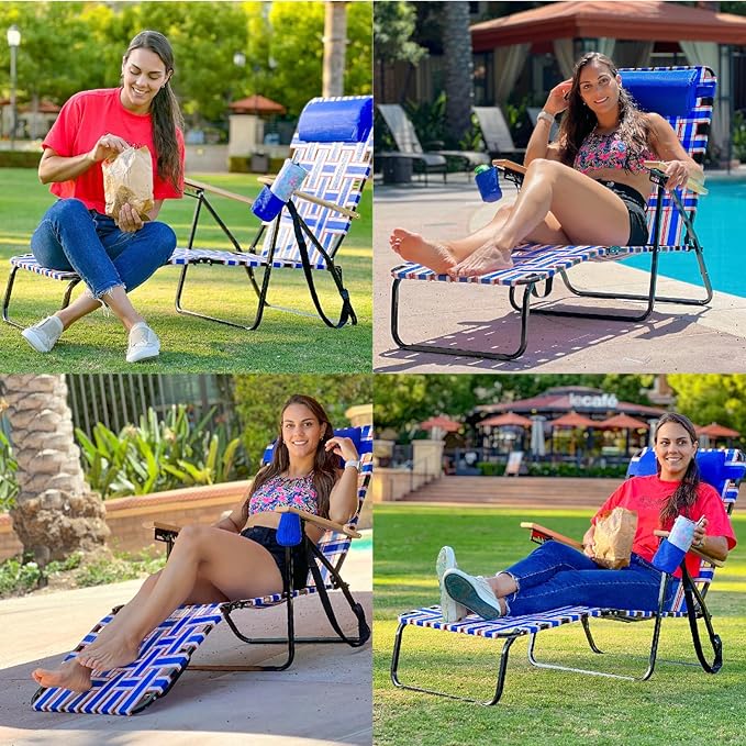 Webbing Patio Lounger Steel Chaise Lawn Chair Foldable Outdoor Great for Patio Camping Backyard Pool Wood Handles 1 Pack Red White Blue