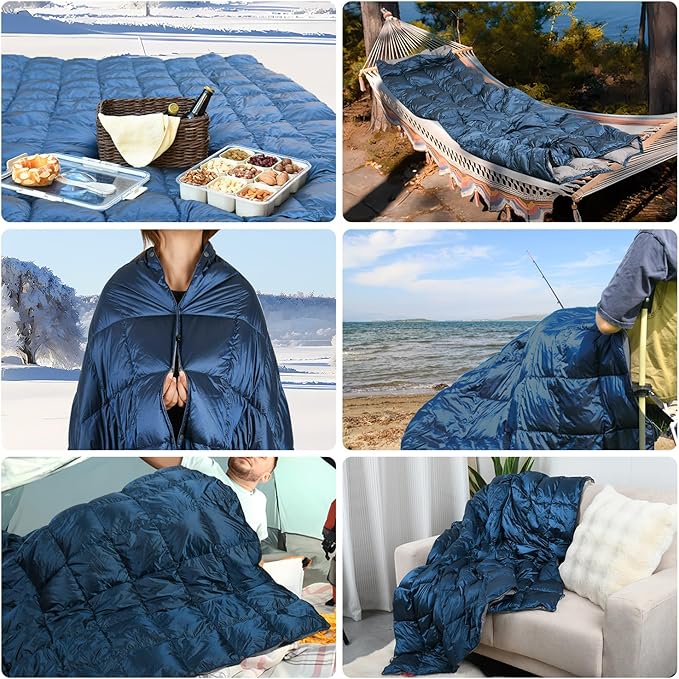 Down Camping Blanket - Lightweight Packable Warm &amp Puffy Outdoor Travel Quilt for Sleep Hiking Backpacking Stadium Festivals Water-Resistant Sleeping Bag 55x79