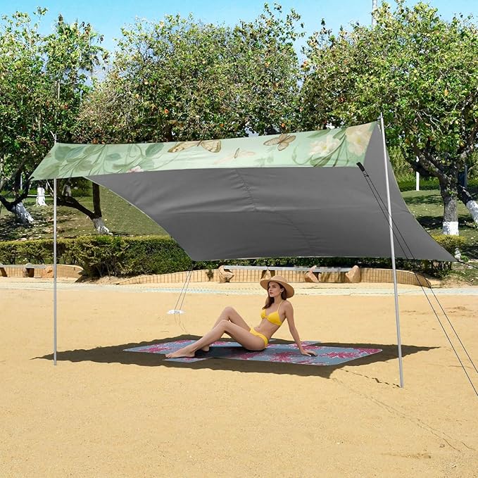 Cute Birds Green Beach Tent Sun Shelter 9.2' x 10.5' Beach Canopy with 4 Sandbags 4 Stability Poles Sand Shovels - Tent Canopy for Beach Camping Fishing Picnics