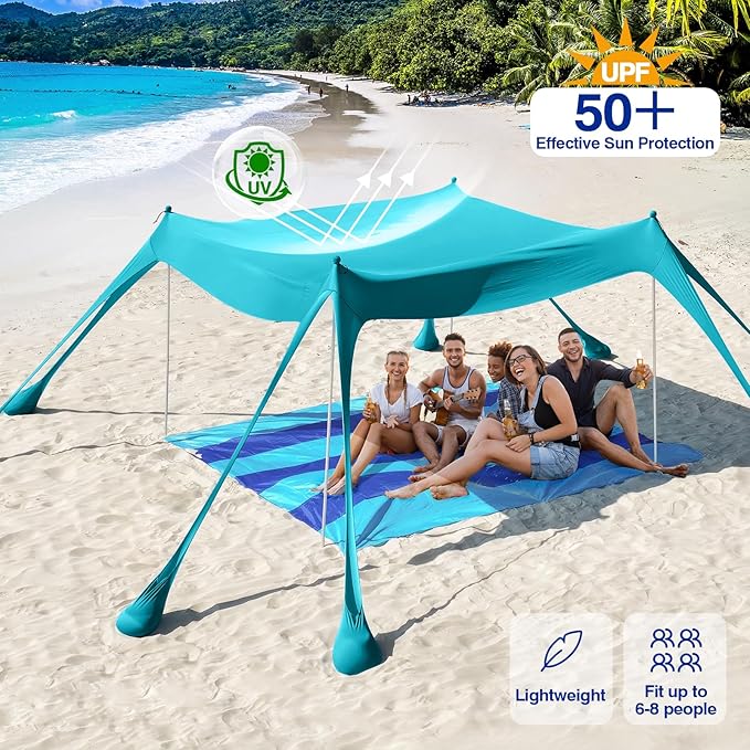 Rhino Valley Beach Tent Shade Canopy UPF50+ Protection 8 Sandbags 4 Stability Poles Outdoor Sun Shelter Umbrella for Sand Camping Fishing Essentials