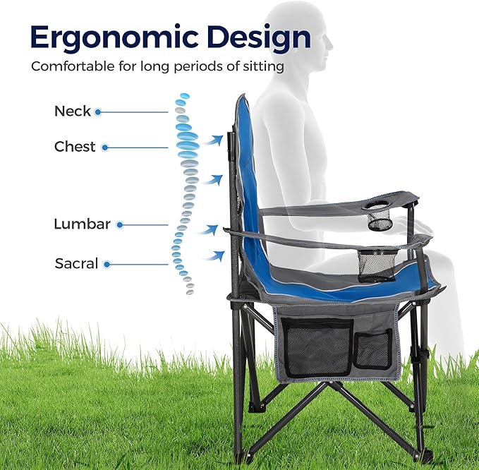 ALPHA CAMP Oversized Camping Folding Chair - Heavy Duty Steel Frame Support 350 LBS Collapsible Padded Arm With Cup Holder Quad Lumbar Back Portable for Outdoor/Indoor
