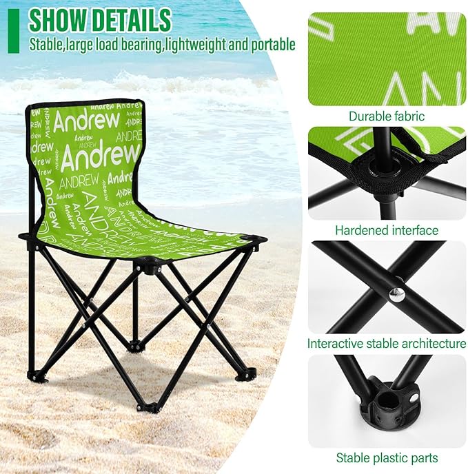 Sinestour Light Green Custom Folding Camping Chair for Teen Child Personalized Name 14.6×14.6in Portable Outdoor Chair with Carry Bag for Travel Hiking Lawn