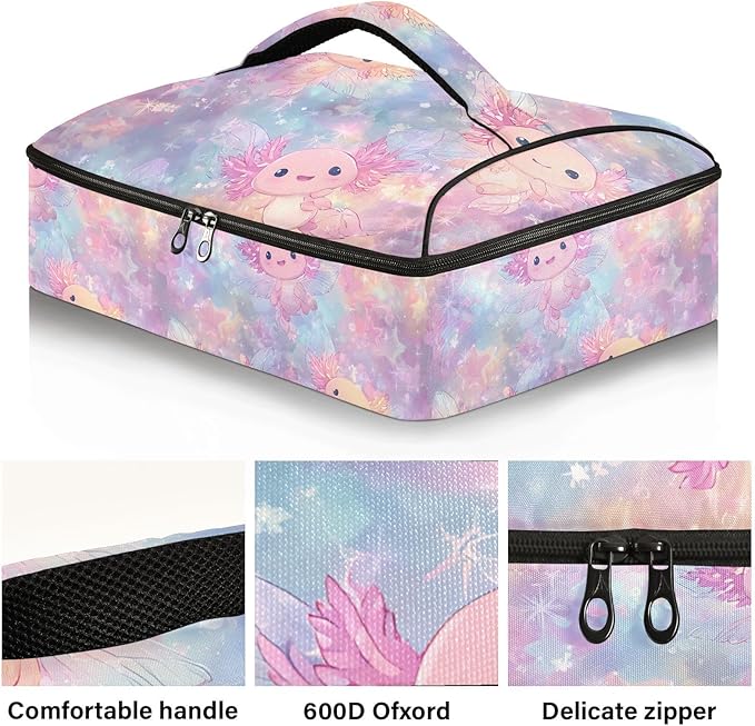 Casserole Carrier Print Adorable Cute AxolotlInsulated Casserole Carrier for Hot or Cold Food Thermal Lunch Tote for Potluck Parties Picnic Beach Fits 9 x 13 Inches Baking Dish