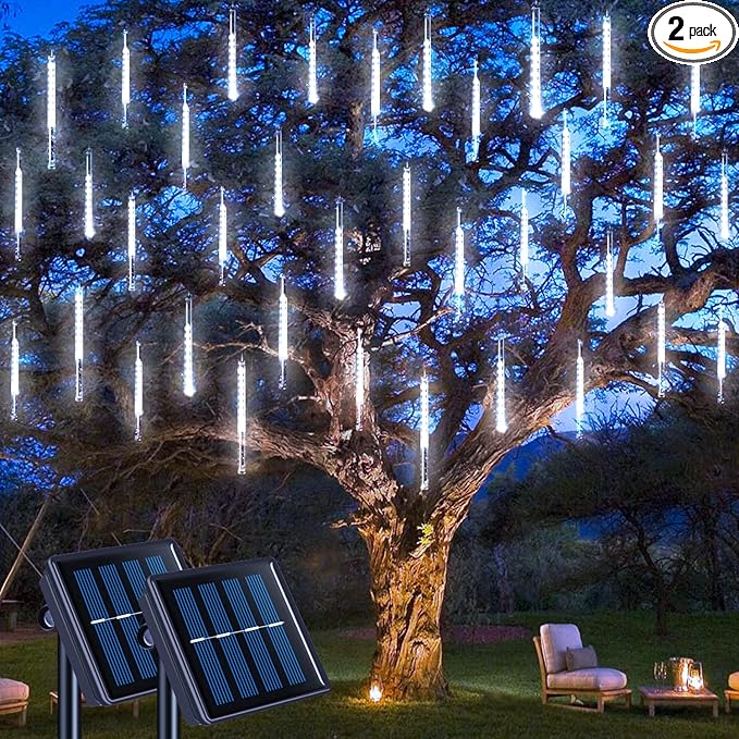 JMEXSUSS 2 Pack Solar Christmas Meteor Shower Lights 16 Tube 288 LED White Solar Christmas String Lights Outdoor Waterproof for Tree Patio Garden Wedding Party Decorations