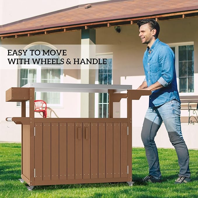Outdoor Bar Cart with Stainless Steel Top 45.7x18.9x35in HDPE Structure 66lb Load Capacity Storage Cabinet Open Shelf Brown