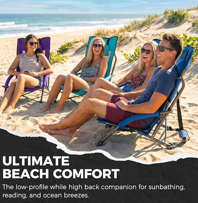 Beach Chair High Back Support Portable Folding Chair for Adults with Head Pillow Shoulder Straps for CampingConcertPicnicSports Events